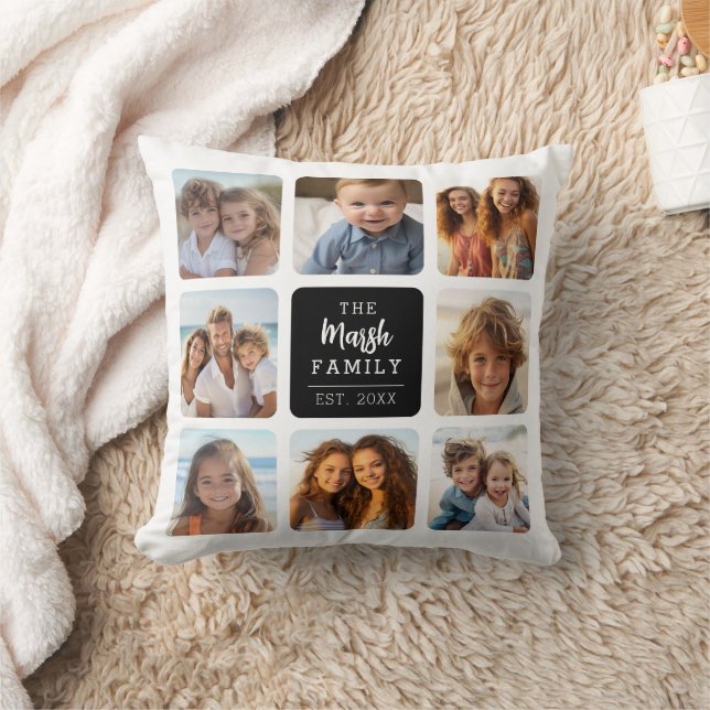 8 Photo Collage with Family Name in Middle - Black Cushion (Blanket)