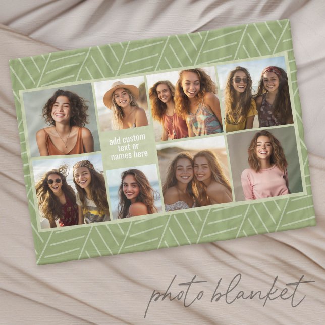8 Photo Collage - with green pattern Fleece Blanket (Custom Photo Blanket with Lots of Photos)