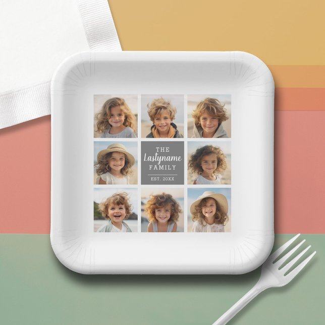 8 Photo Collage with Grey Centre Text Area Paper Plate (Custom Paper Plate)
