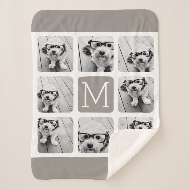 8 Photo Collage with Monogram - Neutral Taupe Sherpa Blanket (Front)