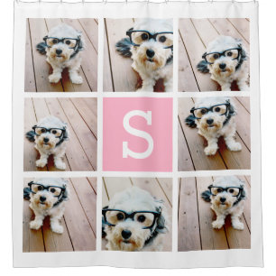 8 Photo Collage with Single Pink Monogram Shower Curtain
