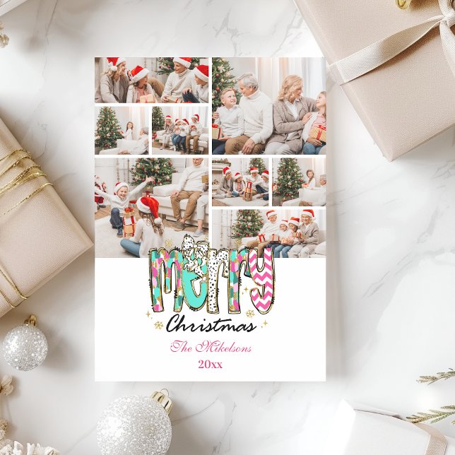 8 Photo Colourful Retro Merry Christmas Holiday Card (Creator Uploaded)
