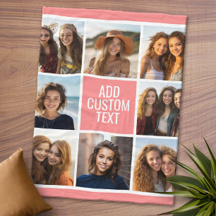 8 Photo Coral Peach Collage Custom Monogram Fleece Blanket