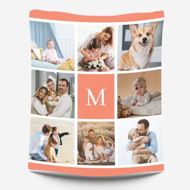 8 Photo Family Collage Monogram Coral Peach Custom Fleece Blanket (Creator Uploaded)