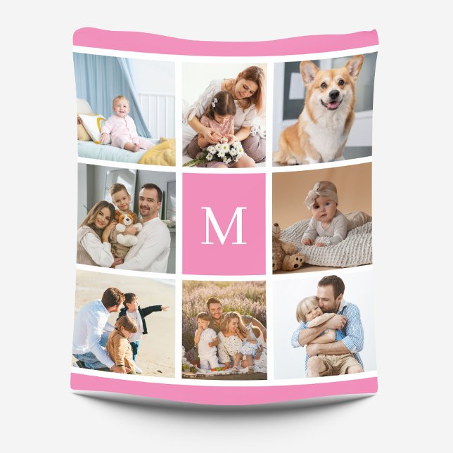 8 Photo Family Collage Monogram Pink Custom Fleece Blanket (Creator Uploaded)