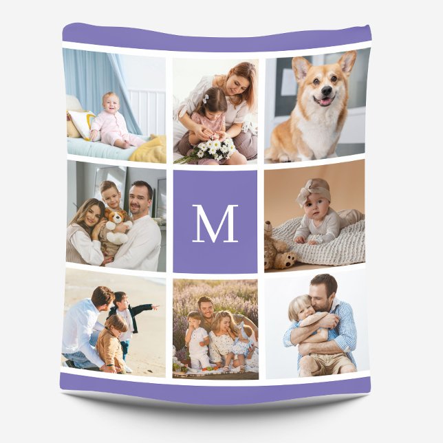 8 Photo Family Collage Monogram Purple Custom Fleece Blanket (Creator Uploaded)