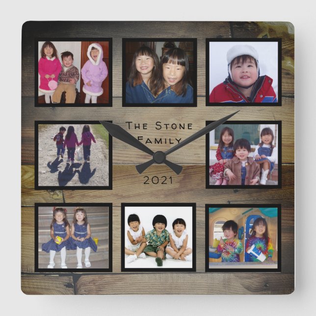 8 Photo Family Collage on Rustic Wood Square Wall Clock (Front)