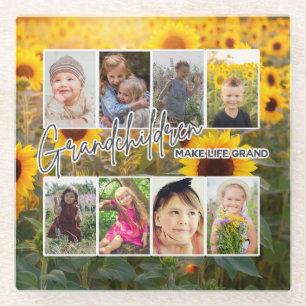 8 Photo "Grandparents Make Life Grand" Glass Coaster