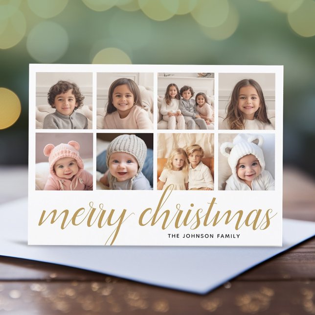 8 Photo Merry Christmas Script Gold Damask Holiday Card (8 Photo Online Christmas Card - Modern, Simple Design)