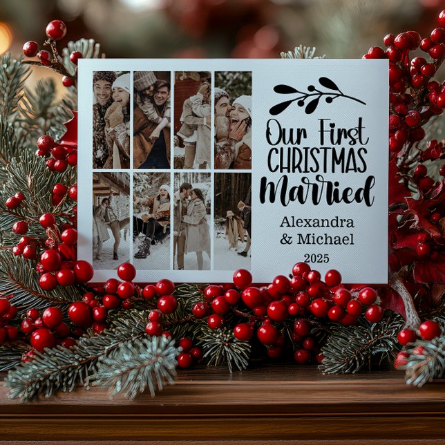 8 Photo Minimialist Our First Christmas Married Holiday Card (Creator Uploaded)