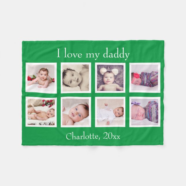 8 Photo Personalised Custom Text (Green) Fleece Blanket (Front (Horizontal))