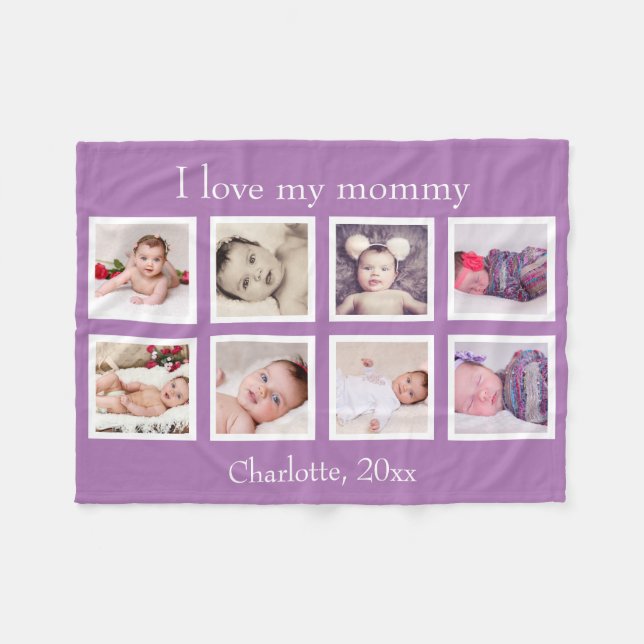8 Photo Personalised Custom Text (purple) Fleece Blanket (Front (Horizontal))