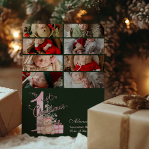 8 Photo Pink Green Baby First Christmas Holiday Card