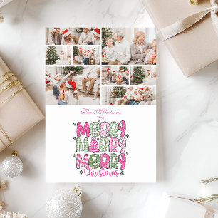 8 Photo Pink Green Merry Christmas Holiday Card
