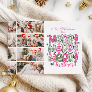 8 Photo Pink Green Merry Christmas Holiday Card