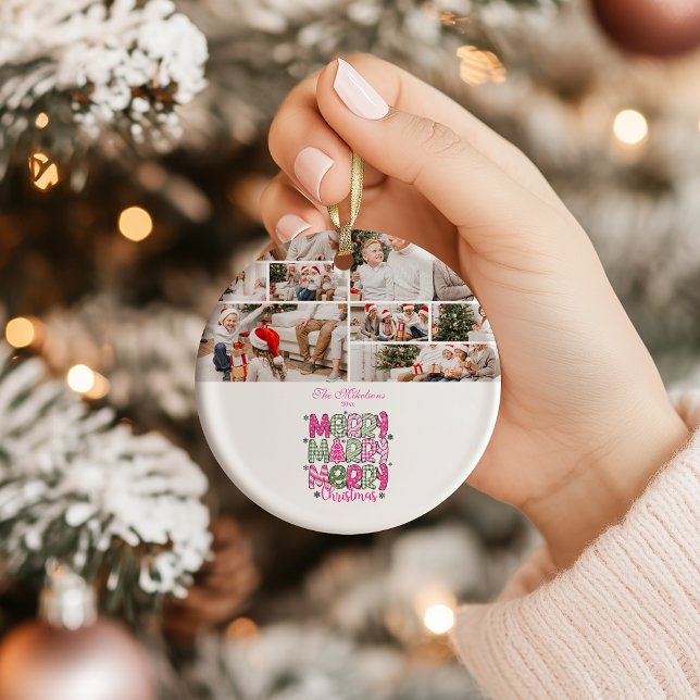 8 Photo Pink Green Merry Christmas Holiday Ceramic Ornament (Creator Uploaded)