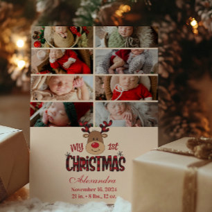 8 Photo Plaid Reindeer Baby First Christmas  Holiday Card