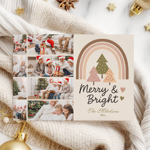 8 Photo Retro Neutral Rainbow Merry & Bright  Holiday Card