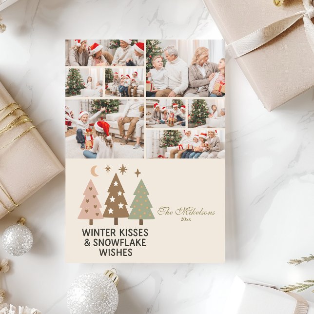 8 Photo Retro Winter Kisses & Snowflake Wishes Holiday Card (Creator Uploaded)