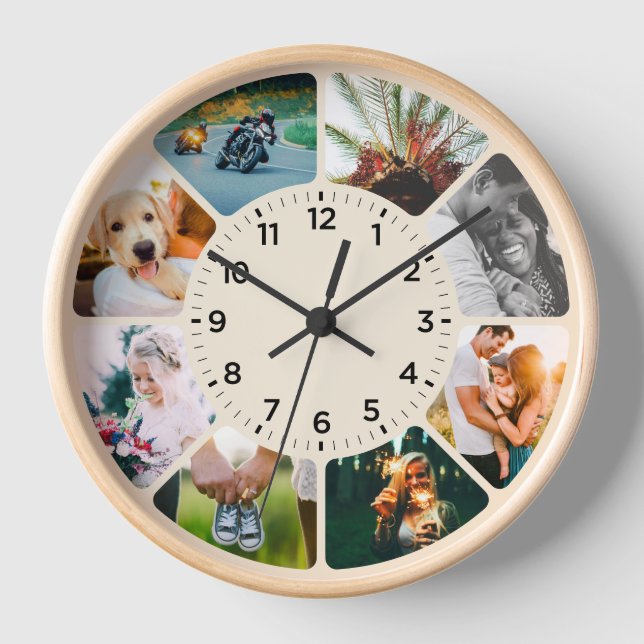 8 Photo Rounded Clock Tan (Front)