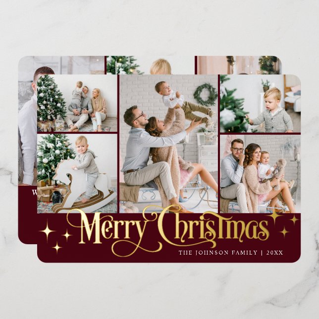 8 PHOTO Sparkle Merry Christmas Gold Foil Holiday Card (Front/Back)