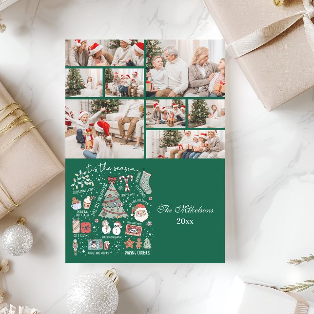 8 Photo Tis The Season Retro Green Christmas Holiday Card (Creator Uploaded)