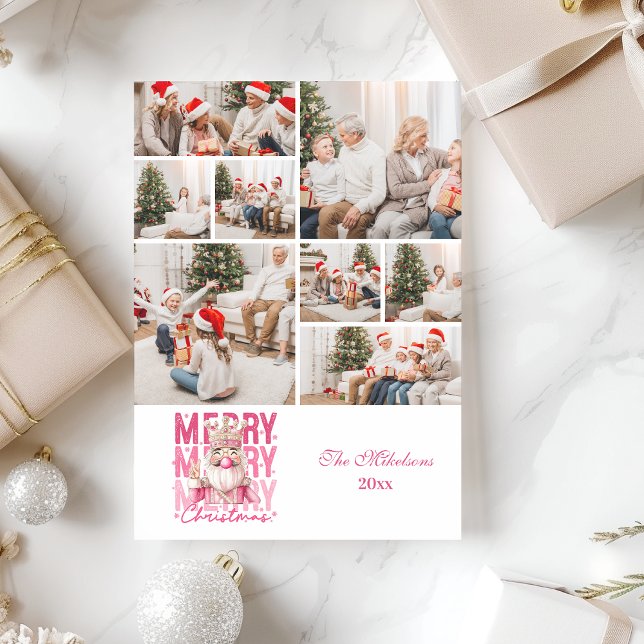 8 Photo Vintage Pink Nutcracker Christmas  Holiday Card (Creator Uploaded)