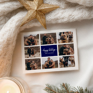 8 Photos Happy Holidays Modern Collage Navy Blue Postcard