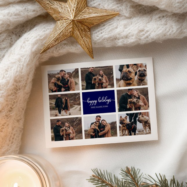 8 Photos Happy Holidays Modern Collage Navy Blue Postcard (Creator Uploaded)