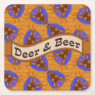 8-Point Buck Deer Hunting Trophy on Wood Grain Square Paper Coaster