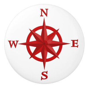 8-Point Compass Rose, Deep Red and White Ceramic Knob