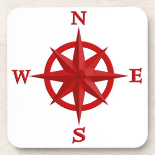 8-Point Compass Rose, Deep Red and White Coaster