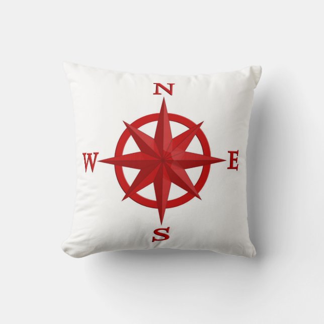8-Point Compass Rose, Deep Red and White Cushion (Front)