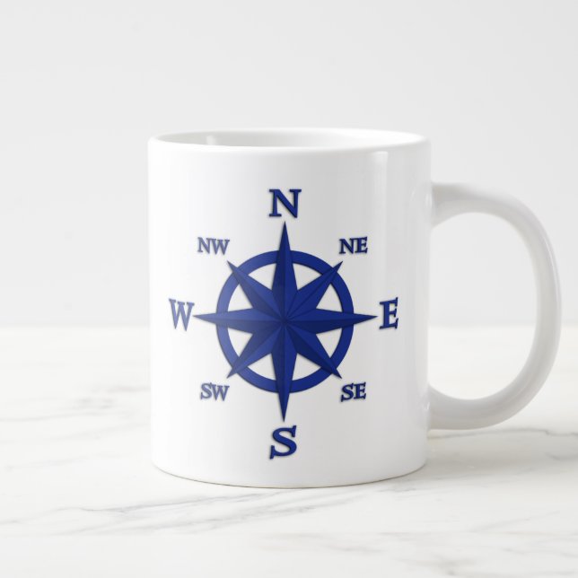 8-Point Compass Rose, Navy Blue Large Coffee Mug (Right)