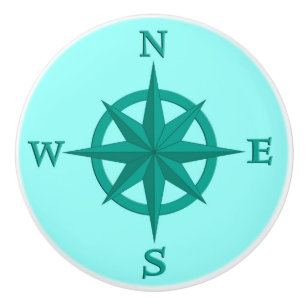 8-Point Compass Rose, Turquoise and Aqua Ceramic Knob