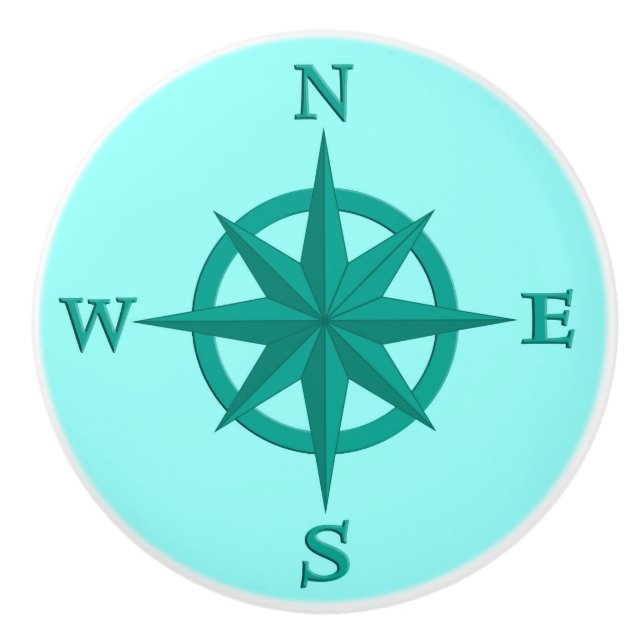 8-Point Compass Rose, Turquoise and Aqua Ceramic Knob (Front)