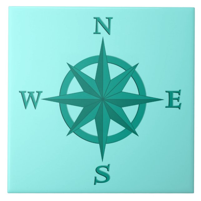 8-Point Compass Rose, Turquoise and Aqua Ceramic Tile (Front)