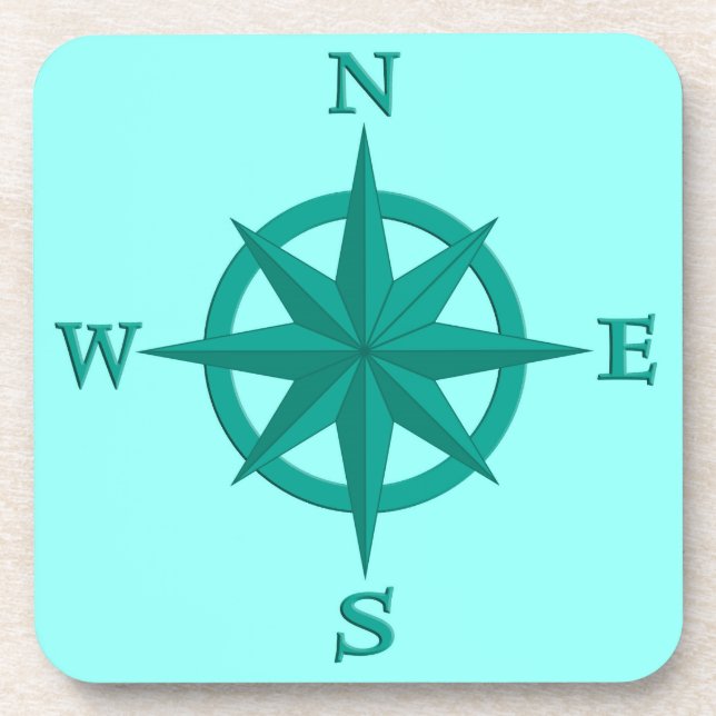 8-Point Compass Rose, Turquoise and Aqua Coaster (Front)