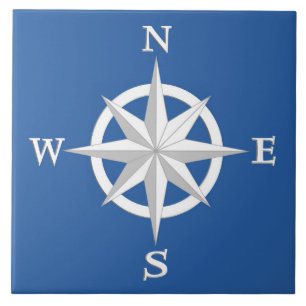 8-Point Compass Rose, White and Cobalt Blue Ceramic Tile