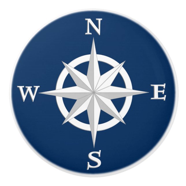 8-Point Compass Rose, White and Navy Blue Ceramic Knob (Front)