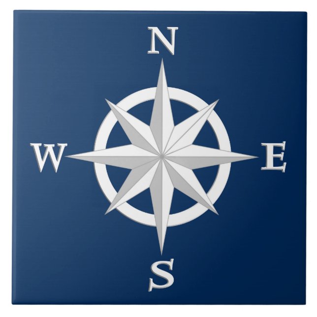 8-Point Compass Rose, White and Navy Blue Ceramic Tile (Front)