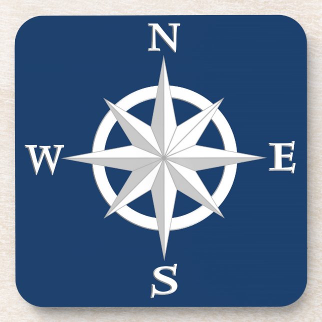 8-Point Compass Rose, White and Navy Blue Coaster (Front)