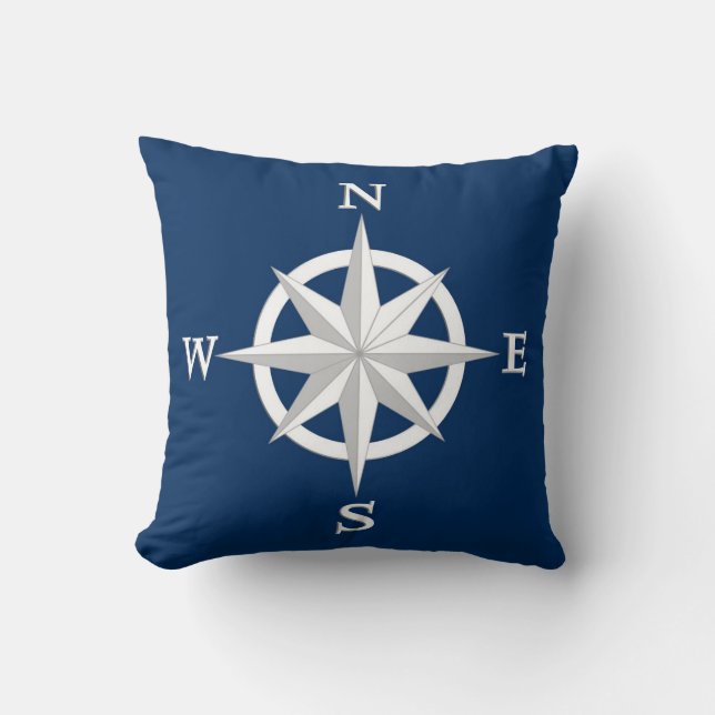 8-Point Compass Rose, White and Navy Blue Cushion (Front)