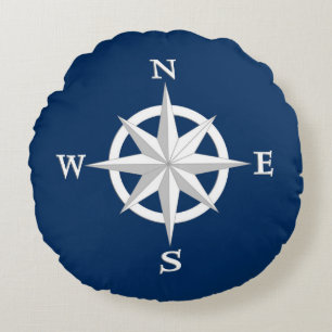 8-Point Compass Rose, White and Navy Blue Round Cushion