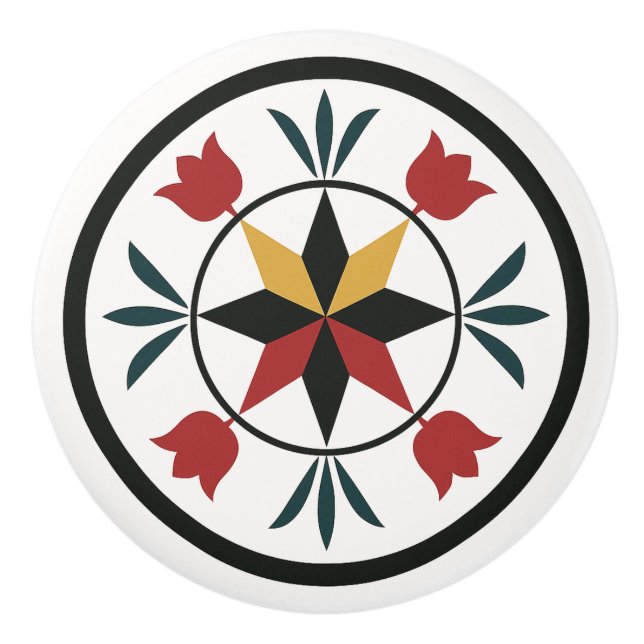 8-Pt Star Tulips Pennsylvania Dutch Hex Sign Knob (Front)