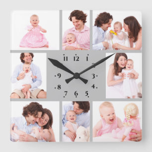 8 Sections Family Photo in Gray Frame Square Wall Clock