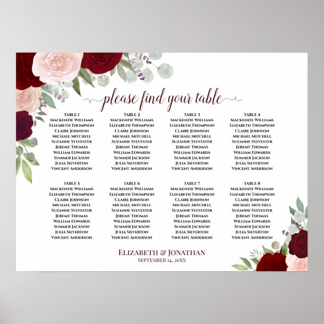 8 Table Burgundy, Red & Pink Roses Seating Chart (Front)