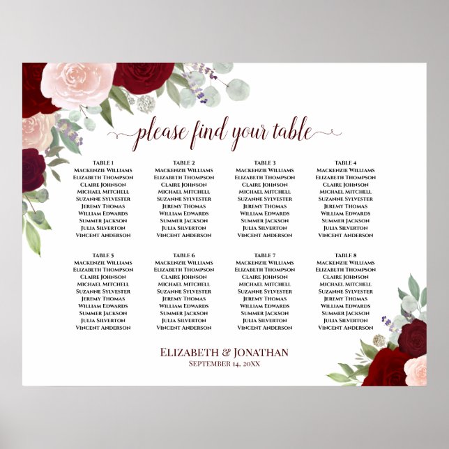 8 Table Burgundy, Red & Pink Roses Seating Chart (Front)