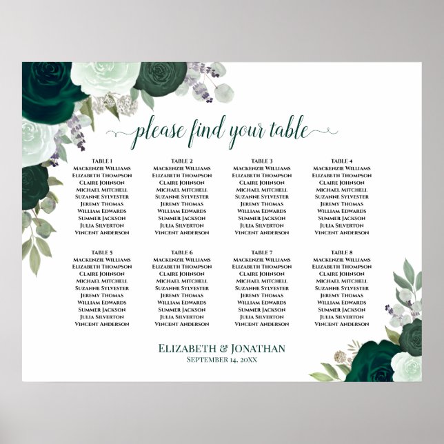 8 Table Emerald Green Floral Wedding Seating Chart (Front)