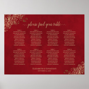 8 Table Red & Gold Lace Wedding Seating Chart